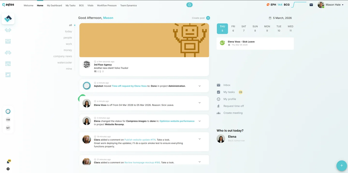 Aqtos company feed with project updates, time off and the team calendar.