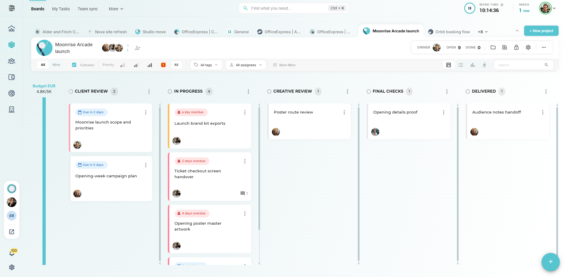 Moonrise Arcade launch project board in Aqtos, showing budget, tasks and delivery stages