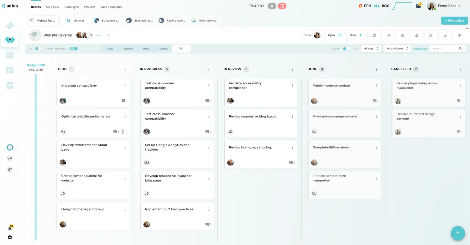 Aqtos project board with task stages, assigned people, time tracking and a project budget.
