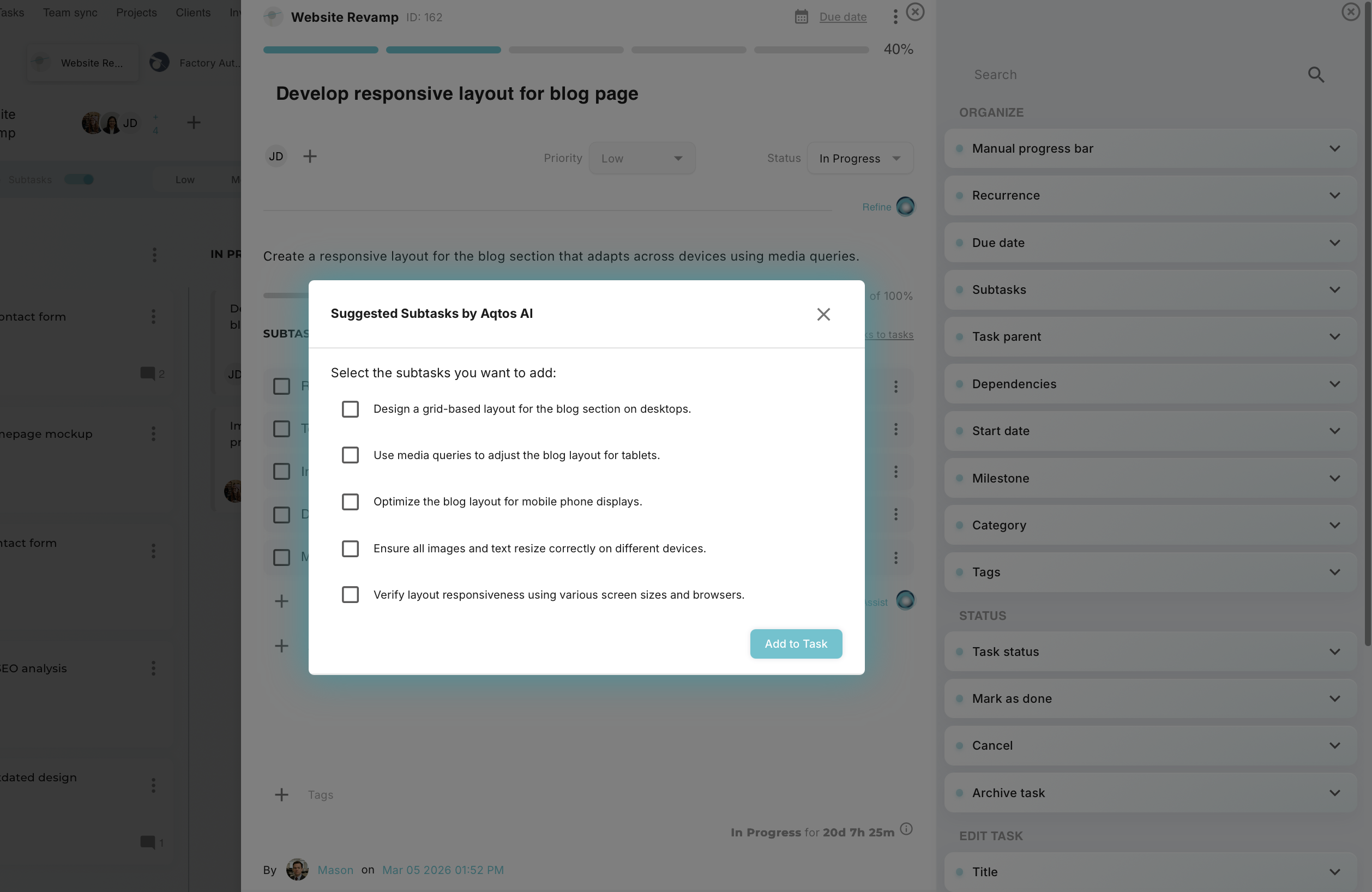 Aqtos AI suggested subtasks