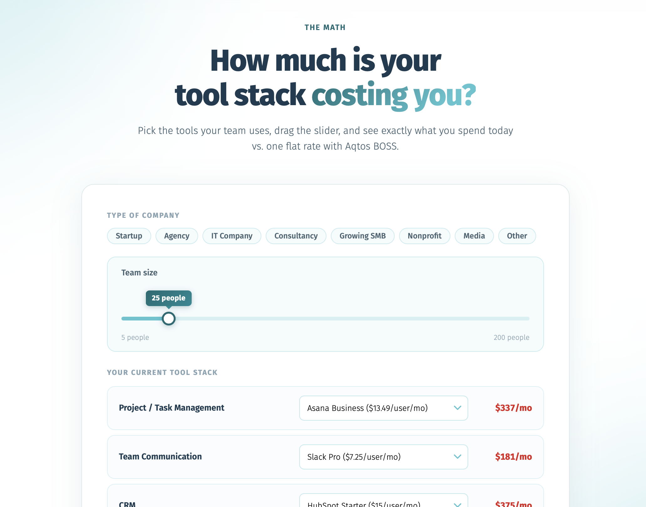 Aqtos savings calculator - compare your tool stack cost vs. Aqtos