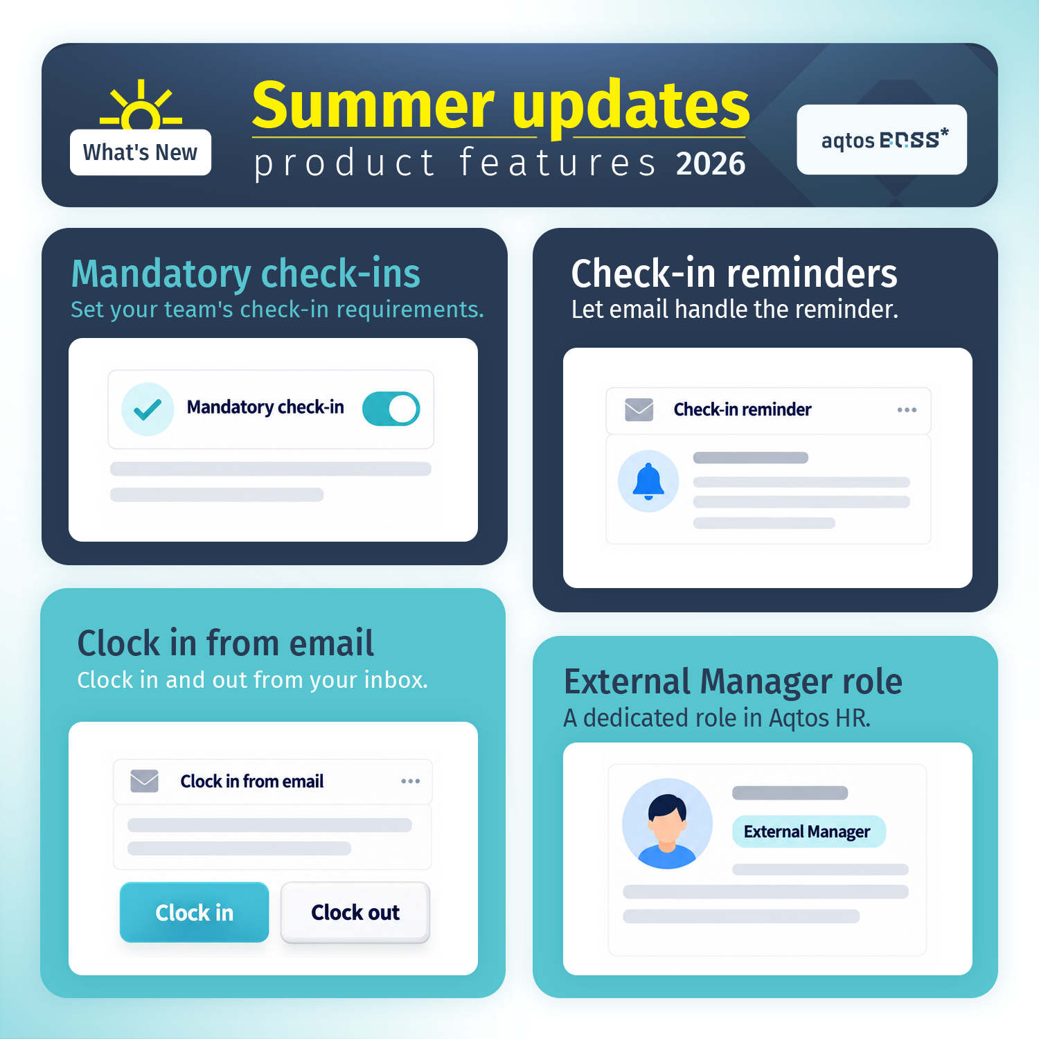 Aqtos attendance updates with mandatory check-ins, email reminders, email clock-in and External Manager role
