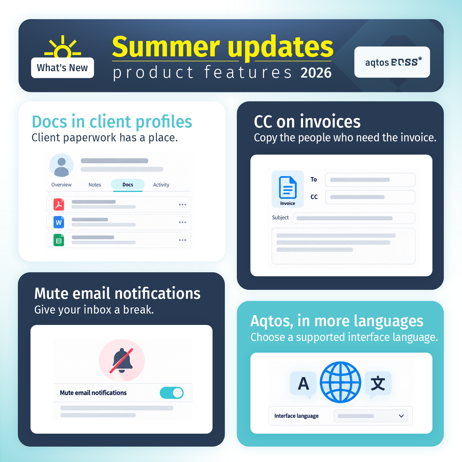 Client documents, invoice CC, muted email notifications and interface languages in Aqtos