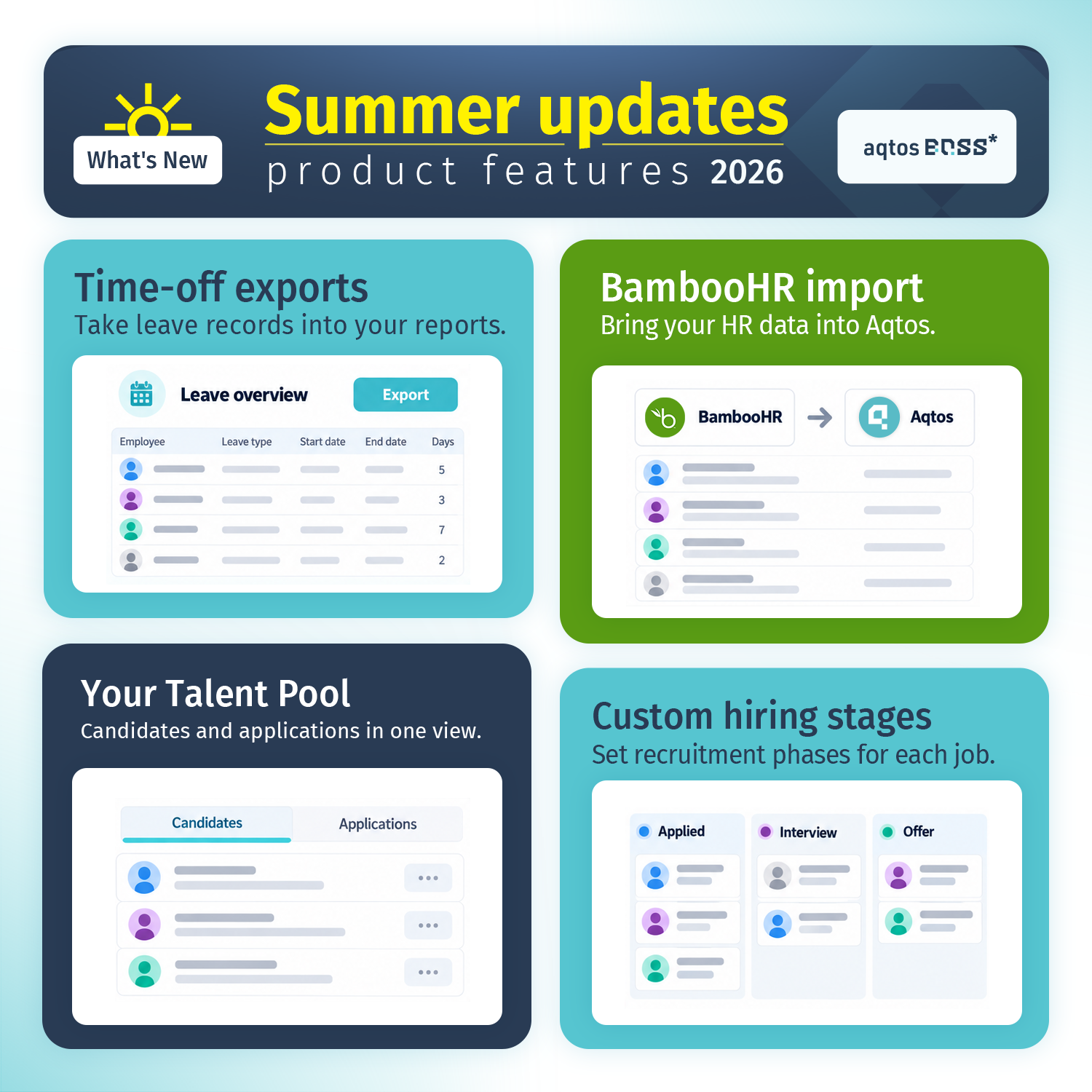Aqtos HR updates with time-off exports, BambooHR import, Talent Pool and custom hiring stages