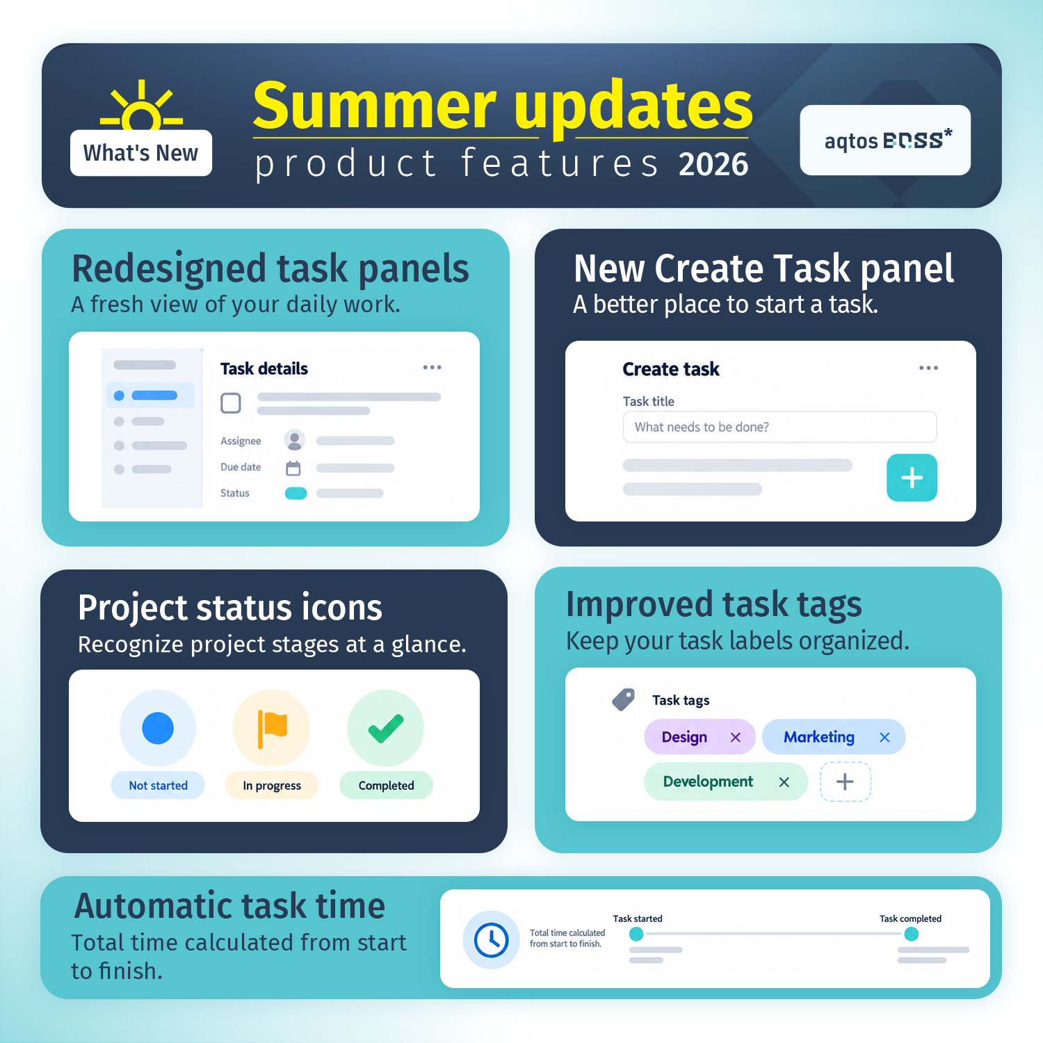 Aqtos project management updates with redesigned task panels, status icons, task tags and automatic task time