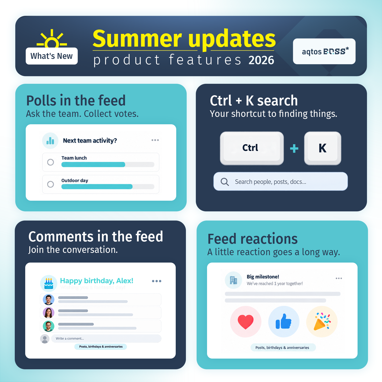 Aqtos summer 2026 update with feed polls, Ctrl + K search, comments and reactions