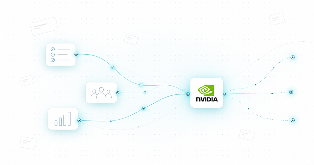 Project, team and chart cards connected by teal paths to an NVIDIA logo tile and branching dotted lines