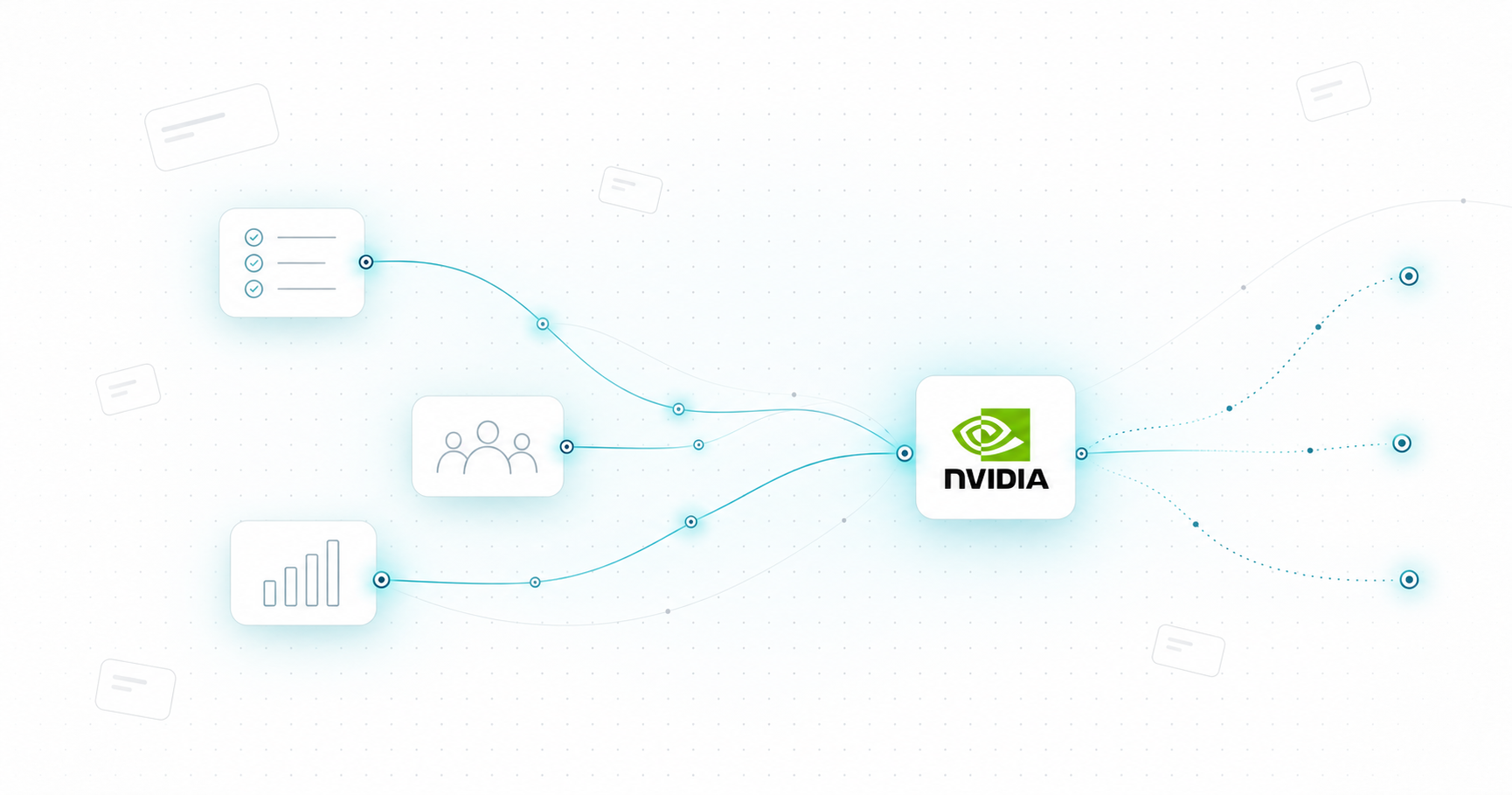 Project, team and chart cards connected by teal paths to an NVIDIA logo tile and branching dotted lines