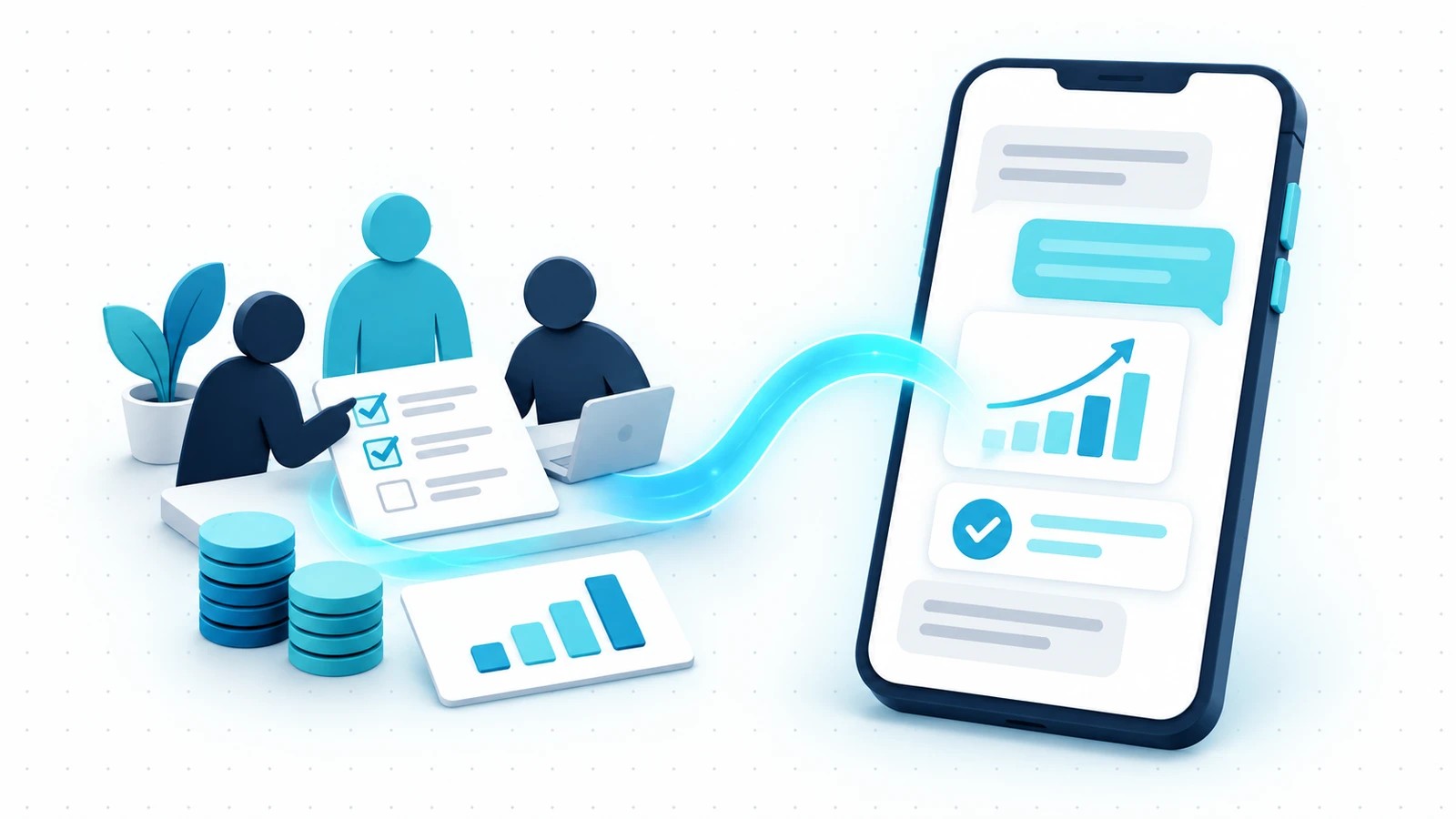 Company tasks, people and financial information flowing into an AI assistant conversation on a phone.