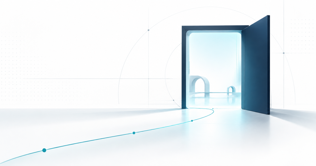 An open navy doorway revealing a bright workspace and a path forward