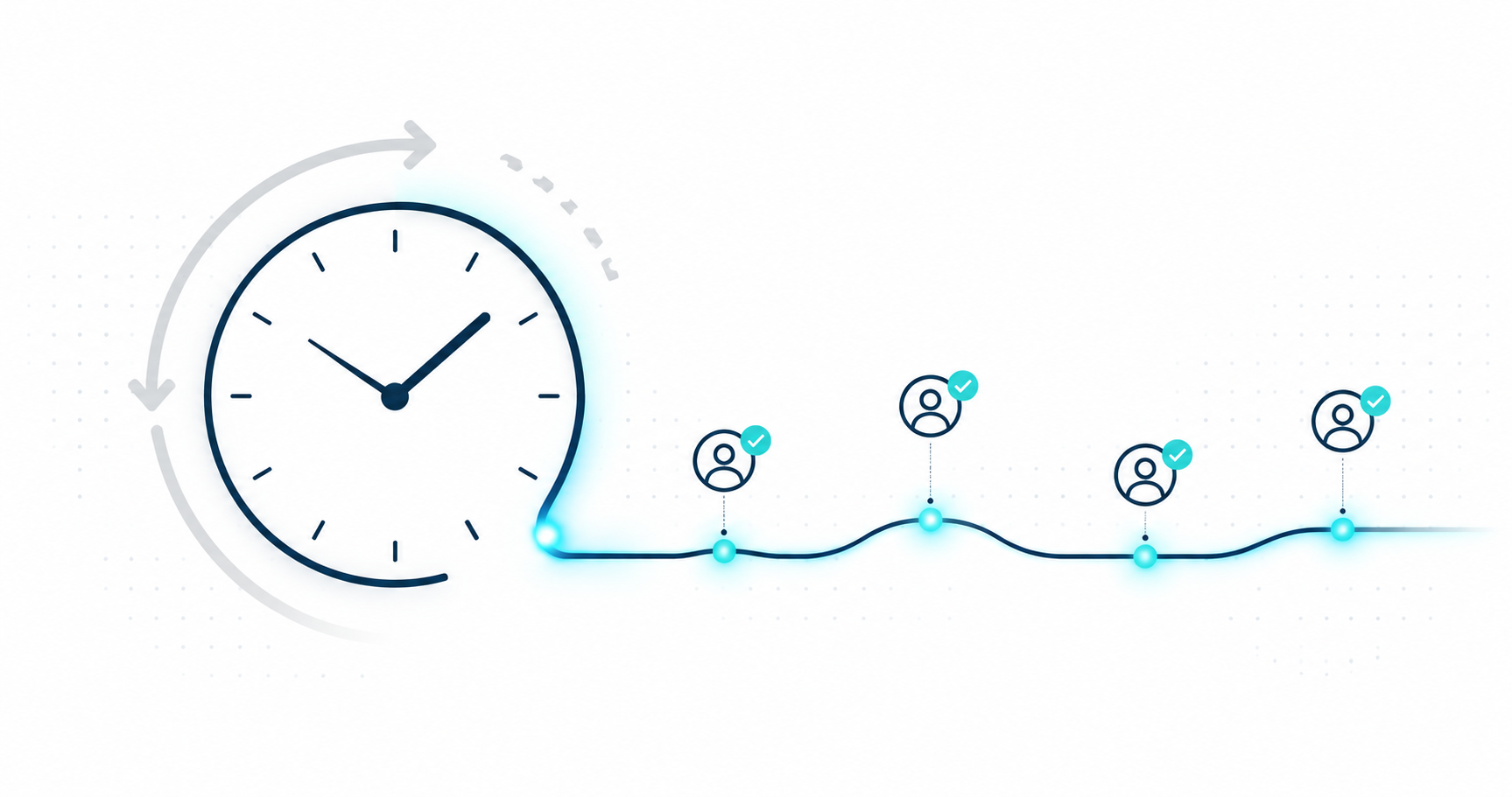 A meeting clock opening into a timeline of asynchronous team check-ins