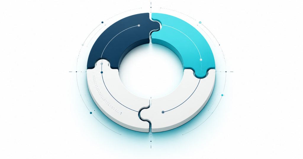 Interlocking navy and cyan segments forming one coherent business operating system